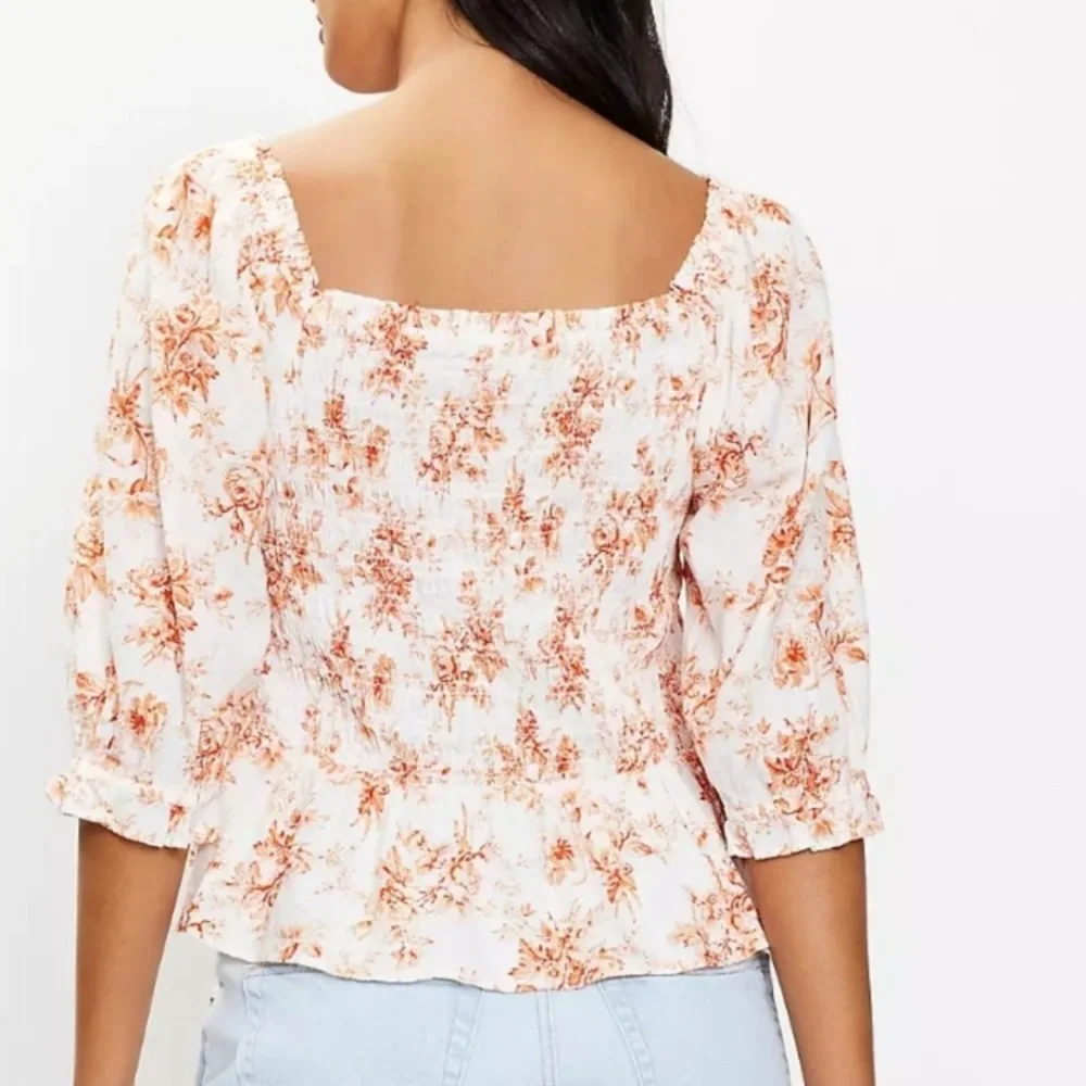LOFT Orange Smocked Floral Peplum Blouse Puff Sleeve Cottagecore Resort Retro